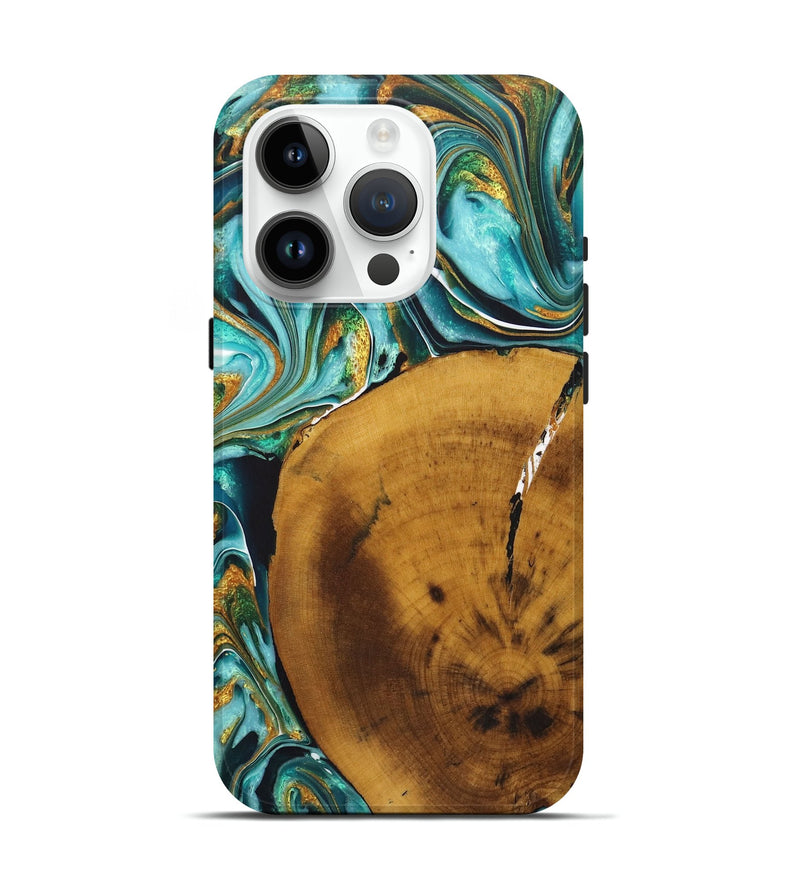 iPhone 15 Pro Wood+Resin Live Edge Phone Case - Gregory (Teal & Gold, 722242)