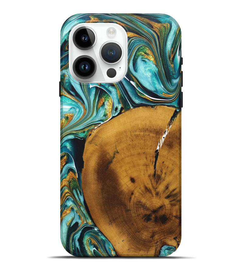 iPhone 15 Pro Max Wood+Resin Live Edge Phone Case - Gregory (Teal & Gold, 722242)