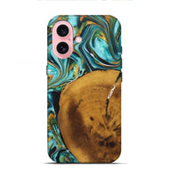 iPhone 16 Wood+Resin Live Edge Phone Case - Gregory (Teal & Gold, 722242)