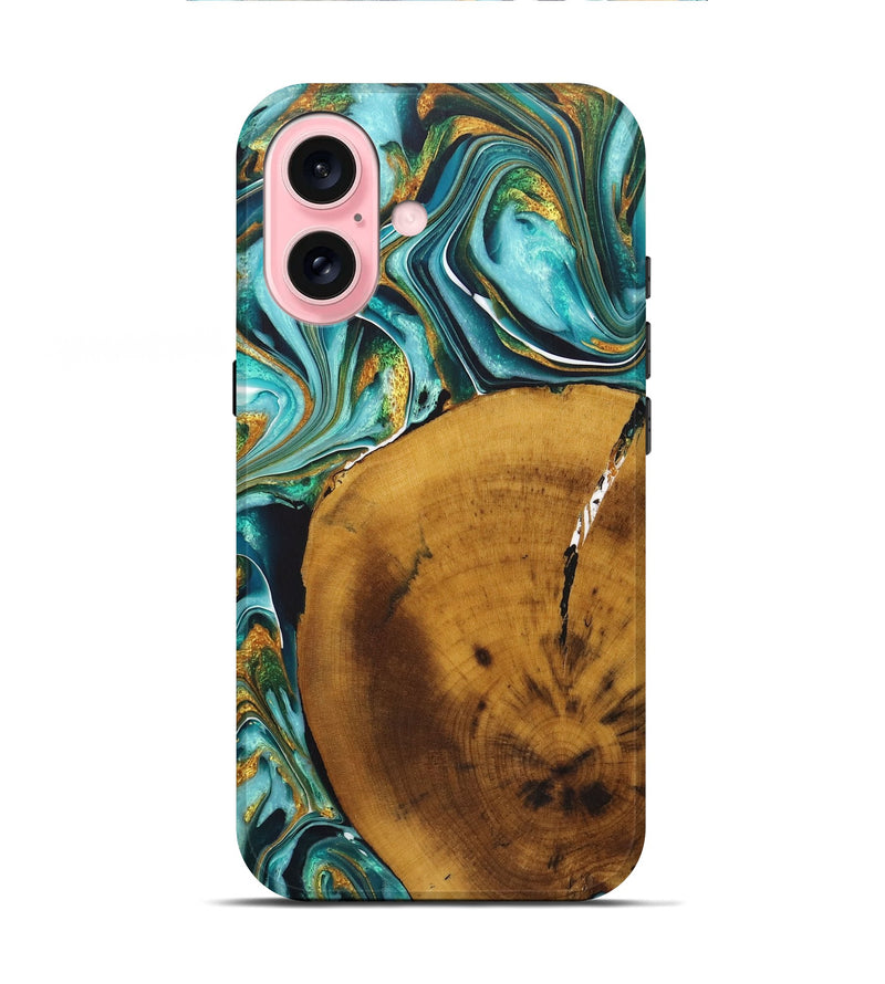 iPhone 16 Wood+Resin Live Edge Phone Case - Gregory (Teal & Gold, 722242)