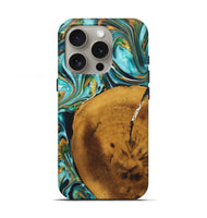 iPhone 16 Pro Wood+Resin Live Edge Phone Case - Gregory (Teal & Gold, 722242)