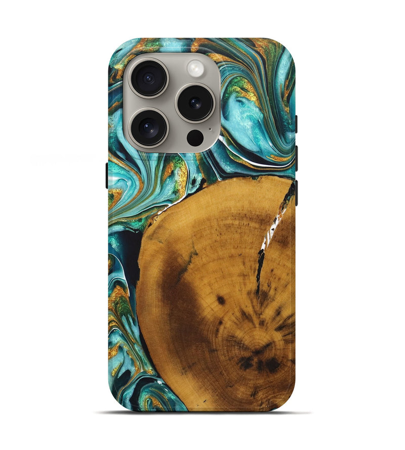 iPhone 16 Pro Wood+Resin Live Edge Phone Case - Gregory (Teal & Gold, 722242)