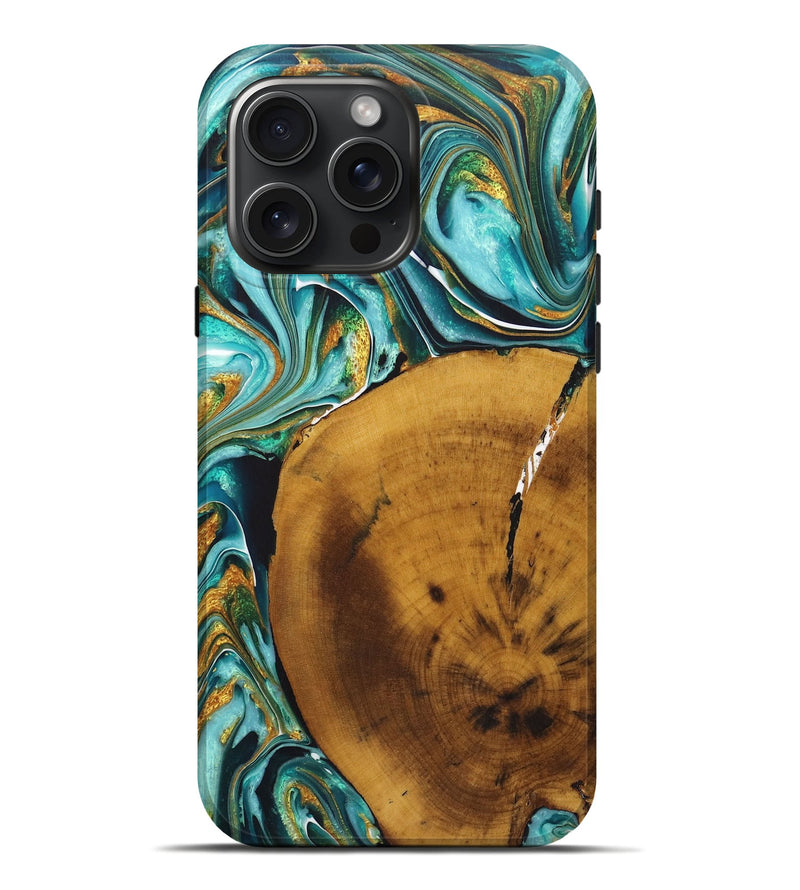 iPhone 16 Pro Max Wood+Resin Live Edge Phone Case - Gregory (Teal & Gold, 722242)