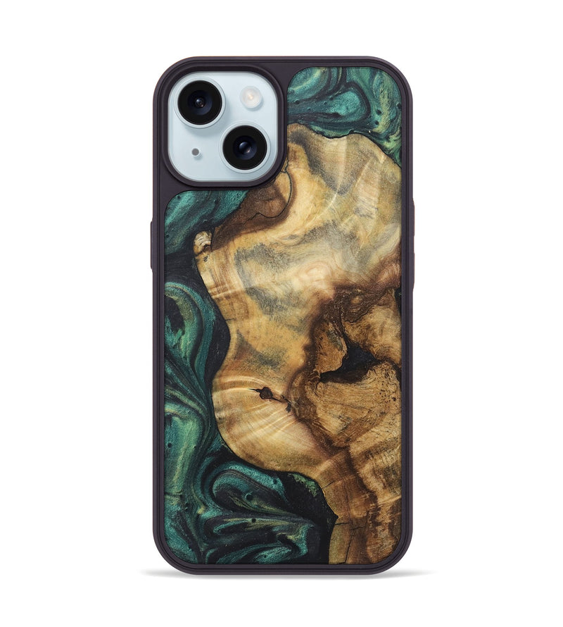 iPhone 15 Wood+Resin Phone Case - Zachariah (Green, 722269)