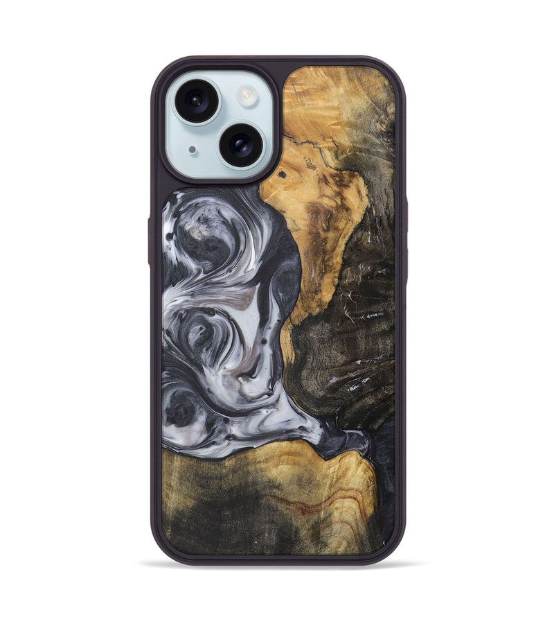 iPhone 15 Wood+Resin Phone Case - Henrietta (Black & White, 722307)