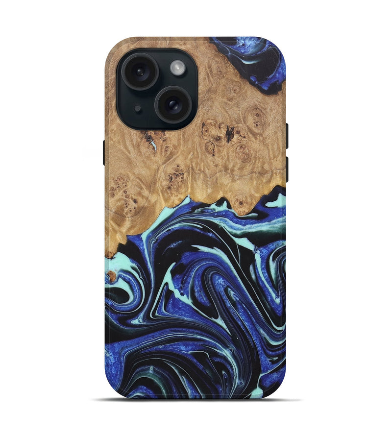 iPhone 15 Wood+Resin Live Edge Phone Case - Deanna (Blue, 722469)