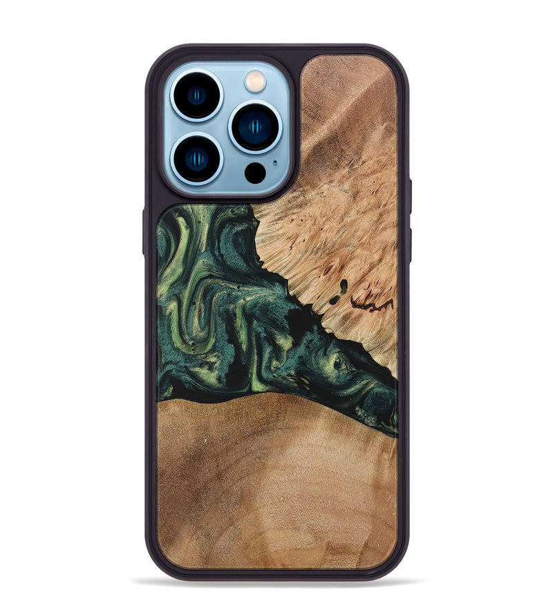 iPhone 14 Pro Max Wood+Resin Phone Case - Debra (Green, 722514)