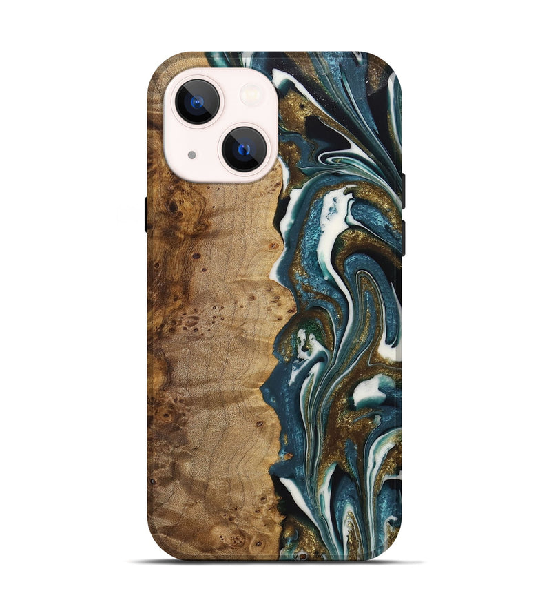 iPhone 14 Wood+Resin Live Edge Phone Case - Elena (Teal & Gold, 722752)