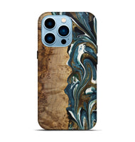 iPhone 14 Pro Wood+Resin Live Edge Phone Case - Elena (Teal & Gold, 722752)