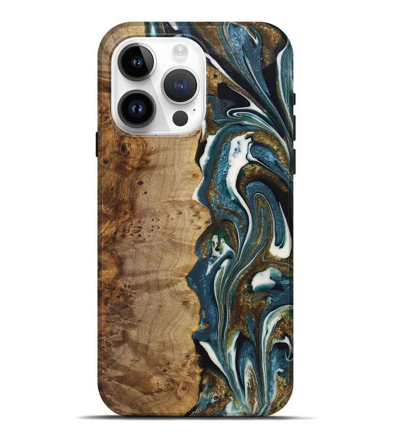 iPhone 15 Pro Max Wood+Resin Live Edge Phone Case - Elena (Teal & Gold, 722752)