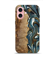 iPhone 16 Wood+Resin Live Edge Phone Case - Elena (Teal & Gold, 722752)