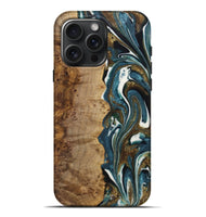 iPhone 16 Pro Max Wood+Resin Live Edge Phone Case - Elena (Teal & Gold, 722752)