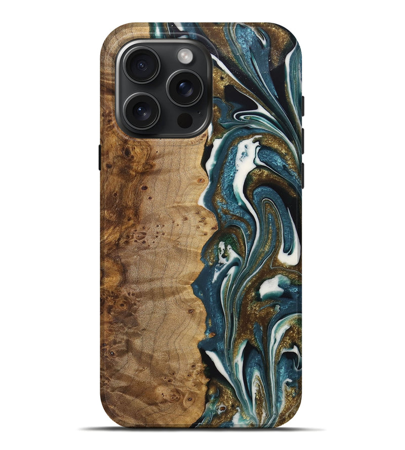 iPhone 16 Pro Max Wood+Resin Live Edge Phone Case - Elena (Teal & Gold, 722752)