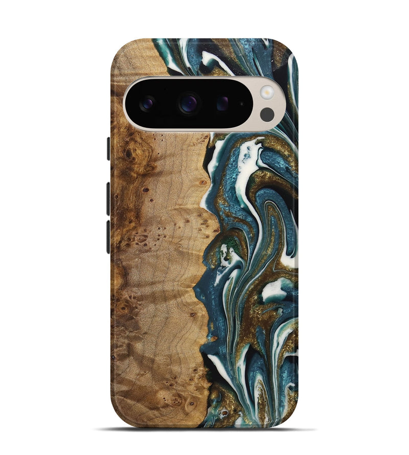 Pixel 9 Pro Wood+Resin Live Edge Phone Case - Elena (Teal & Gold, 722752)