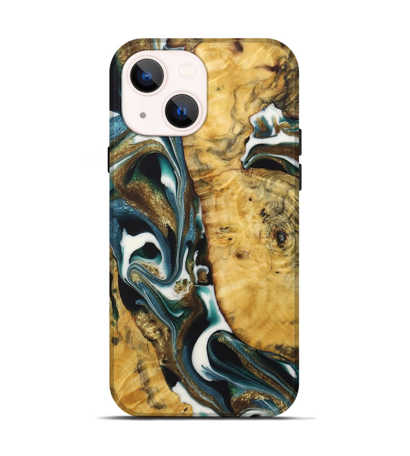 iPhone 14 Wood+Resin Live Edge Phone Case - Gianni (Teal & Gold, 722753)