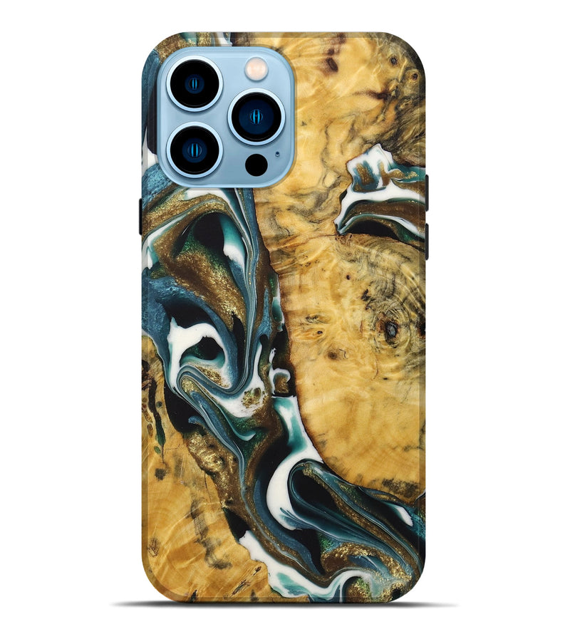 iPhone 14 Pro Max Wood+Resin Live Edge Phone Case - Gianni (Teal & Gold, 722753)