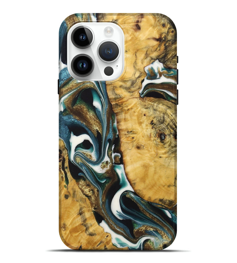 iPhone 15 Pro Max Wood+Resin Live Edge Phone Case - Gianni (Teal & Gold, 722753)