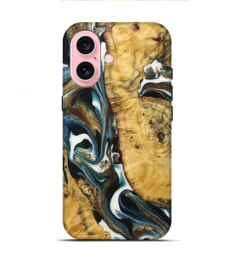 iPhone 16 Wood+Resin Live Edge Phone Case - Gianni (Teal & Gold, 722753)