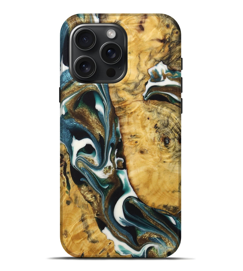 iPhone 16 Pro Max Wood+Resin Live Edge Phone Case - Gianni (Teal & Gold, 722753)