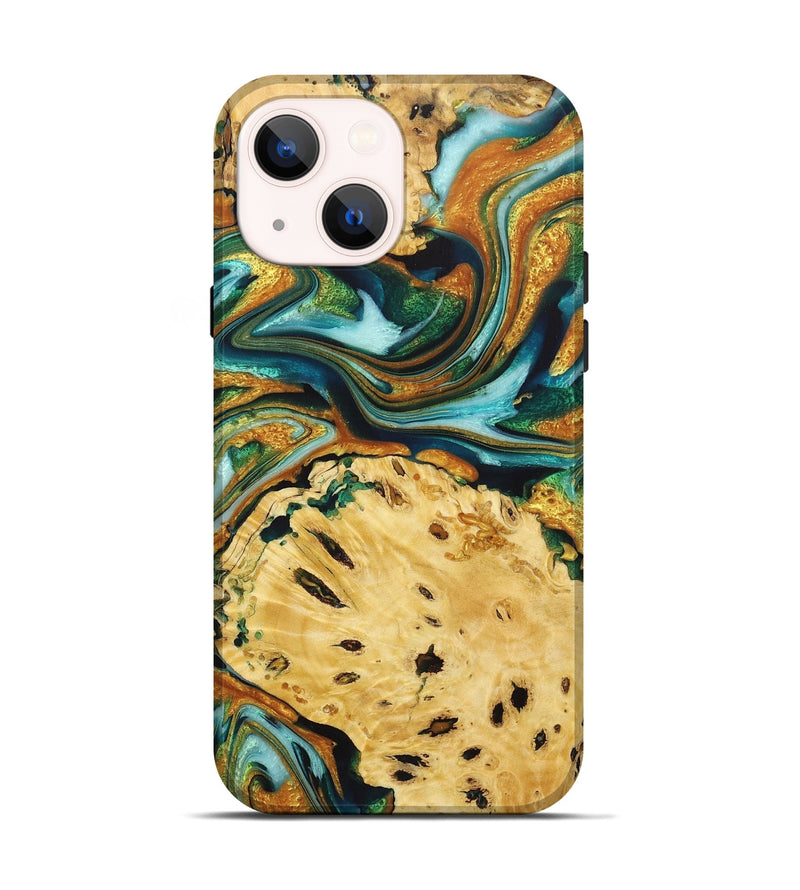 iPhone 14 Wood+Resin Live Edge Phone Case - Robbie (Teal & Gold, 722754)