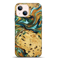 iPhone 14 Plus Wood+Resin Live Edge Phone Case - Robbie (Teal & Gold, 722754)