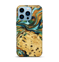 iPhone 14 Pro Wood+Resin Live Edge Phone Case - Robbie (Teal & Gold, 722754)