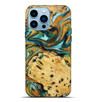 iPhone 14 Pro Max Wood+Resin Live Edge Phone Case - Robbie (Teal & Gold, 722754)