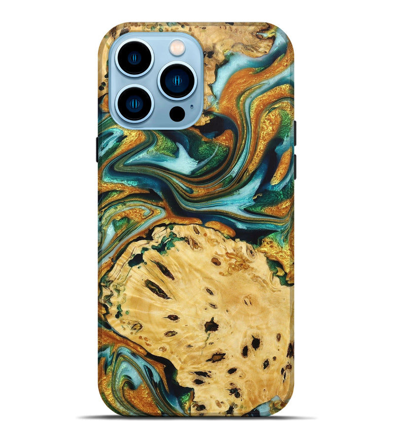 iPhone 14 Pro Max Wood+Resin Live Edge Phone Case - Robbie (Teal & Gold, 722754)