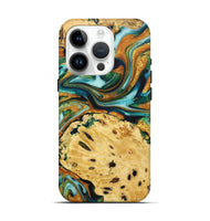 iPhone 15 Pro Wood+Resin Live Edge Phone Case - Robbie (Teal & Gold, 722754)