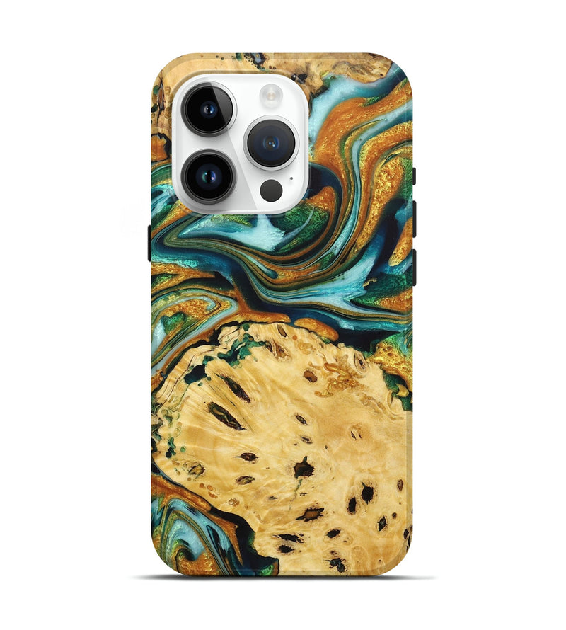 iPhone 15 Pro Wood+Resin Live Edge Phone Case - Robbie (Teal & Gold, 722754)