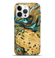 iPhone 15 Pro Max Wood+Resin Live Edge Phone Case - Robbie (Teal & Gold, 722754)