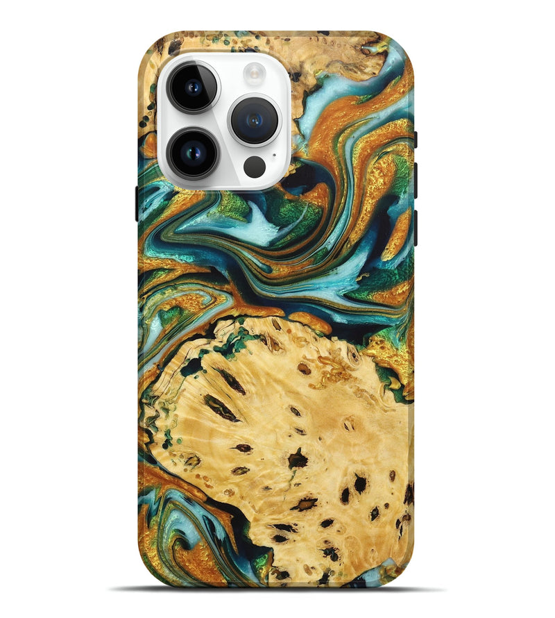 iPhone 15 Pro Max Wood+Resin Live Edge Phone Case - Robbie (Teal & Gold, 722754)