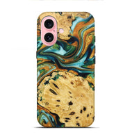 iPhone 16 Wood+Resin Live Edge Phone Case - Robbie (Teal & Gold, 722754)