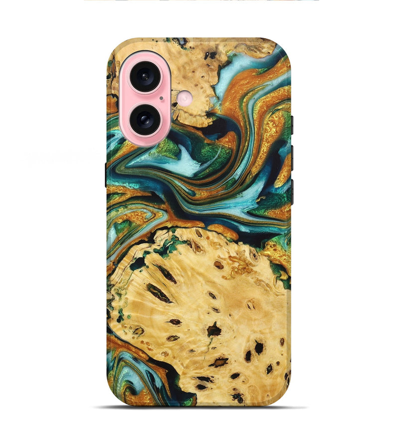 iPhone 16 Wood+Resin Live Edge Phone Case - Robbie (Teal & Gold, 722754)