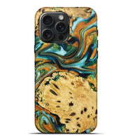 iPhone 16 Pro Max Wood+Resin Live Edge Phone Case - Robbie (Teal & Gold, 722754)