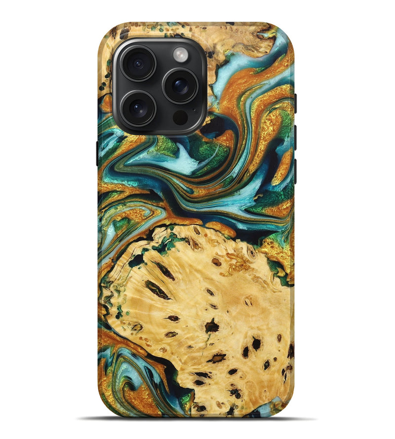 iPhone 16 Pro Max Wood+Resin Live Edge Phone Case - Robbie (Teal & Gold, 722754)