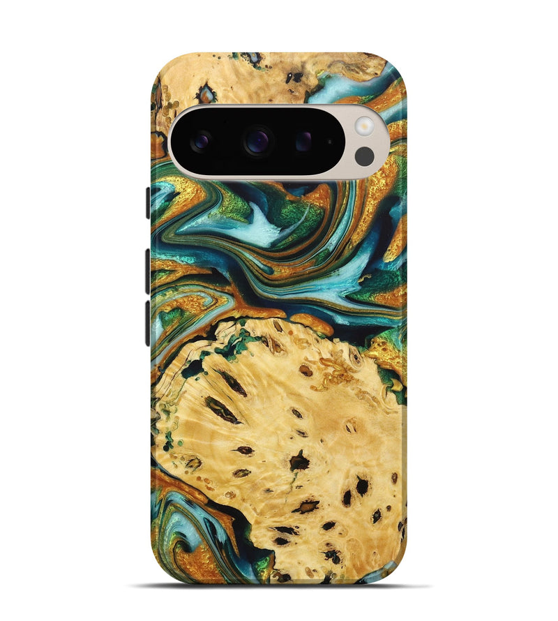 Pixel 9 Wood+Resin Live Edge Phone Case - Robbie (Teal & Gold, 722754)