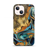 iPhone 13 Wood+Resin Live Edge Phone Case - Claire (Teal & Gold, 722755)