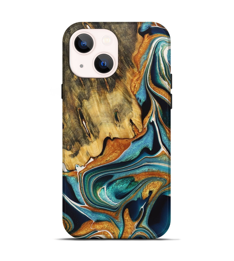 iPhone 14 Wood+Resin Live Edge Phone Case - Claire (Teal & Gold, 722755)