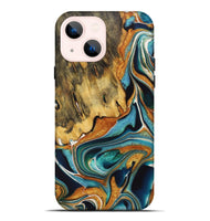 iPhone 14 Plus Wood+Resin Live Edge Phone Case - Claire (Teal & Gold, 722755)