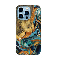 iPhone 14 Pro Wood+Resin Live Edge Phone Case - Claire (Teal & Gold, 722755)