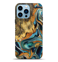 iPhone 14 Pro Max Wood+Resin Live Edge Phone Case - Claire (Teal & Gold, 722755)