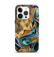 iPhone 15 Pro Wood+Resin Live Edge Phone Case - Claire (Teal & Gold, 722755)