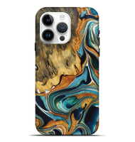 iPhone 15 Pro Max Wood+Resin Live Edge Phone Case - Claire (Teal & Gold, 722755)