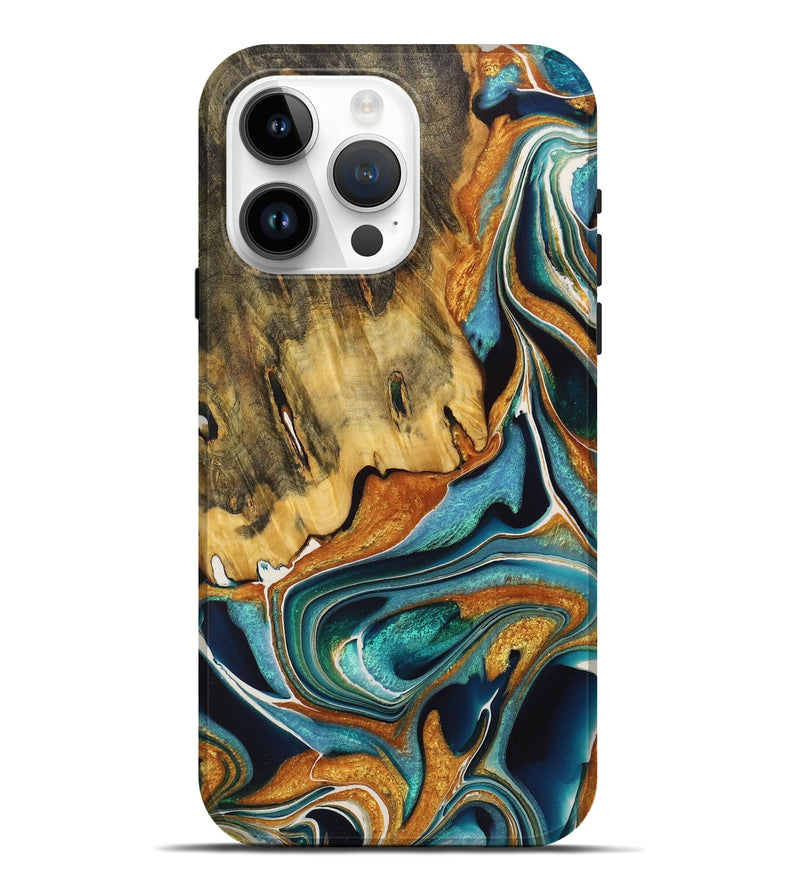 iPhone 15 Pro Max Wood+Resin Live Edge Phone Case - Claire (Teal & Gold, 722755)