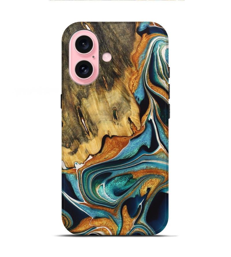 iPhone 16 Wood+Resin Live Edge Phone Case - Claire (Teal & Gold, 722755)