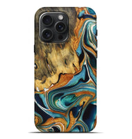 iPhone 16 Pro Max Wood+Resin Live Edge Phone Case - Claire (Teal & Gold, 722755)