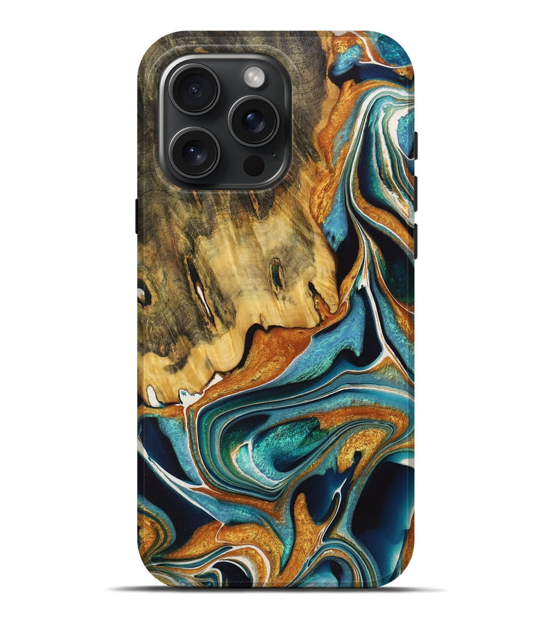 iPhone 16 Pro Max Wood+Resin Live Edge Phone Case - Claire (Teal & Gold, 722755)