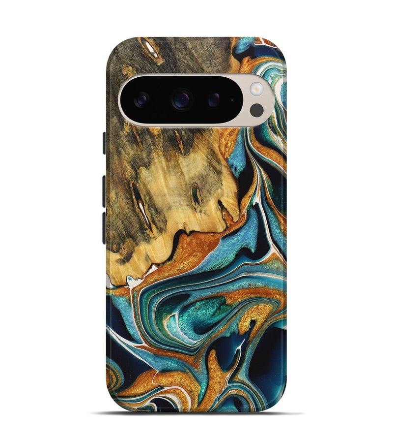 Pixel 9 Pro Wood+Resin Live Edge Phone Case - Claire (Teal & Gold, 722755)