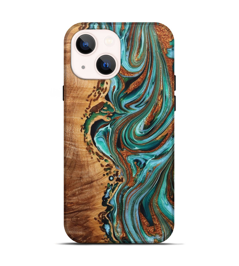 iPhone 14 Wood+Resin Live Edge Phone Case - Audrina (Teal & Gold, 722756)